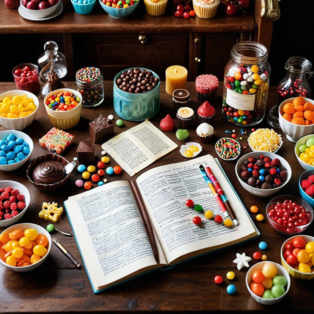 A whimsical kitchen scene filled with a variety of candy-making tools, colorful ingredients like chocolate, sprinkles, and fruits, alongside decadent desserts like fudge and gummy bears. A vintage recipe book is open, with handwritten notes and vibrant candy creations beautifully presented around it. The lighting is warm and inviting, evoking nostalgia and creativity. super-realistic. vibrant colors. soft focus.