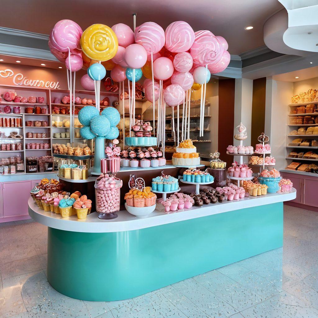 A whimsical candy shop filled with colorful gourmet candies, chocolates, and irresistible treats. Imagine a dreamy landscape of oversized lollipops, chocolate fountains, and decorative jars brimming with sweets. Soft pastel colors create a playful atmosphere, inviting viewers into a world of indulgence. A cheerful character should be joyfully tasting a giant piece of candy, surrounded by floating sugar sparkles. vibrant colors. 3D. whimsical style.