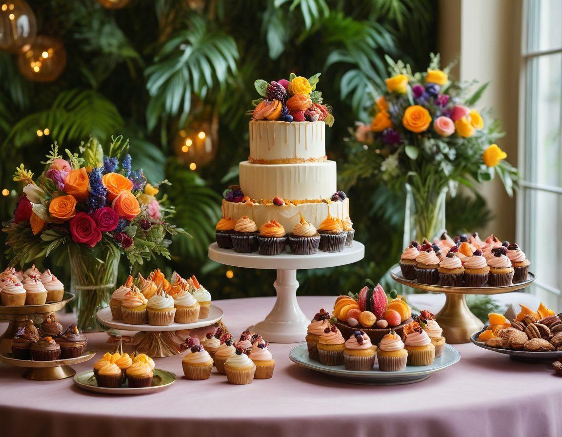 A beautifully arranged dessert table filled with an array of colorful pastries, cupcakes, and gourmet chocolates, showcasing vibrant icing and intricate decorations. Soft lighting highlights the rich textures and details of each treat, evoking a sense of indulgence and delight. A backdrop of lush greenery adds a touch of freshness, inviting viewers to explore the culinary journey. super-realistic. vibrant colors. soft lighting.